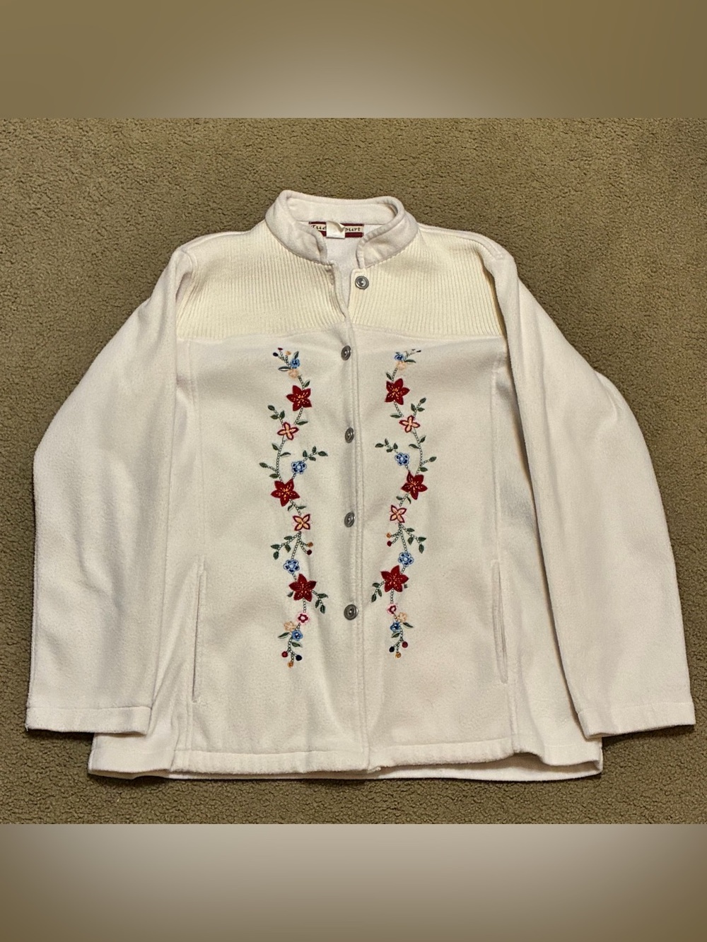 VTG Tudor Court by Haband Fleece Jacket Womens Large Cream Embroidered Cardigan